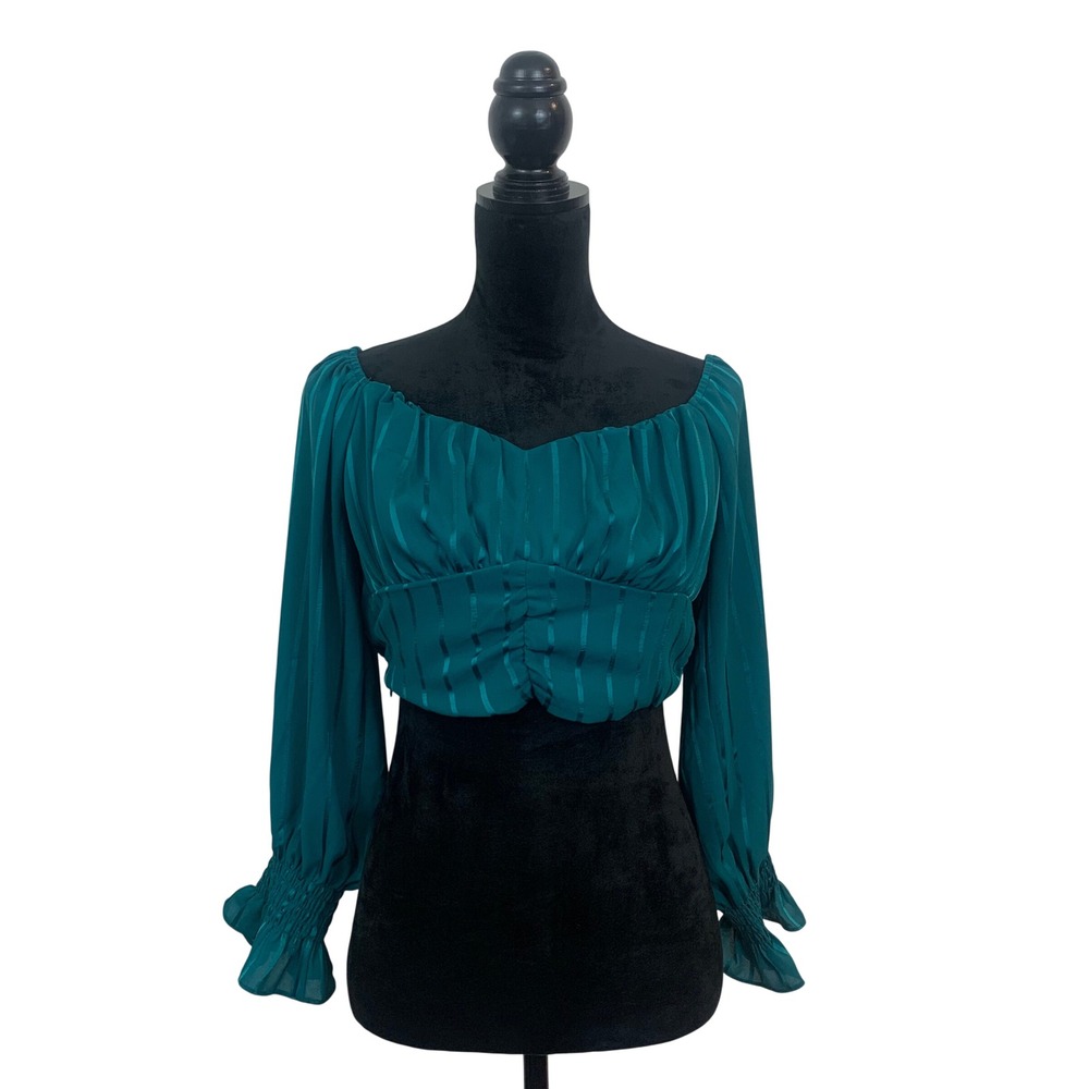 Dark Green Women's L Satin Stripe Crop Top Long Smocked Sleeve Sweetheart Blouse